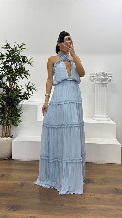 Bebe Mavi Halter Yaka Fırfırlı Özel Tasarım Abiye Elbise